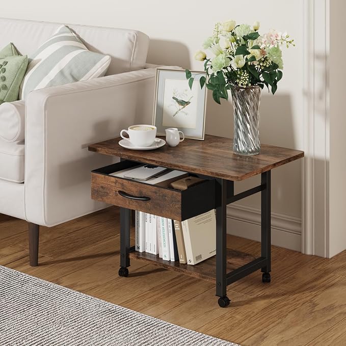 22"x15" Large Printer Stand with Storage Drawer, 2-Tier Under Desk Printer Table for Home Office, Printer Cart fit Fax Machine/3D Printer/Scanner(Brown)