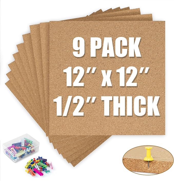 AKTOP Cork Board Bulletin Board 12x12, 1/2" Thick Cork Board Tiles 9 Pack, Small Square Pin Board for Wall, Self Adhesive Corkboards with 120 Push Pin Wood Clips for School, Home & Office