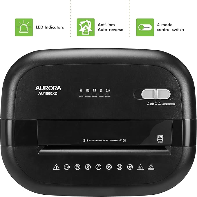 Aurora Long Duty Cycle 18-Sheet Crosscut Paper/CD/Credit Card Shredder, AntiJam Feature, 30-Minute Continuous Run Time, Large 6-gal Pullout Basket