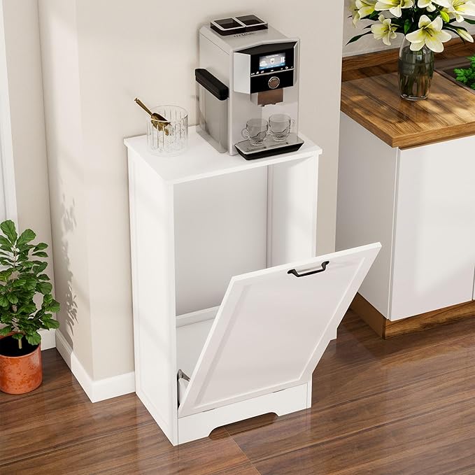 10 Gallon Tilt Out Trash Cabinet, Wooden Hidden Free Standing Kitchen Garbage Can with lid, Modern Pet-Proof Trash Can Holder for Bathroom, Living Room, Laundry Room, White