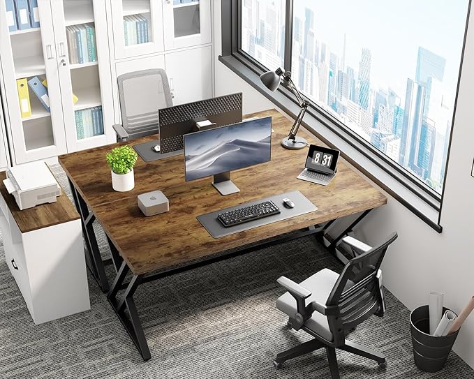 LVB Rustic Computer Desk, Metal Wood Home Office Desk, Industrial Simple Study Executive Desk for Writing Work, Wooden Student Gaming Computer PC Table with Storage for Bedroom, 55 Inch, Rustic Brown