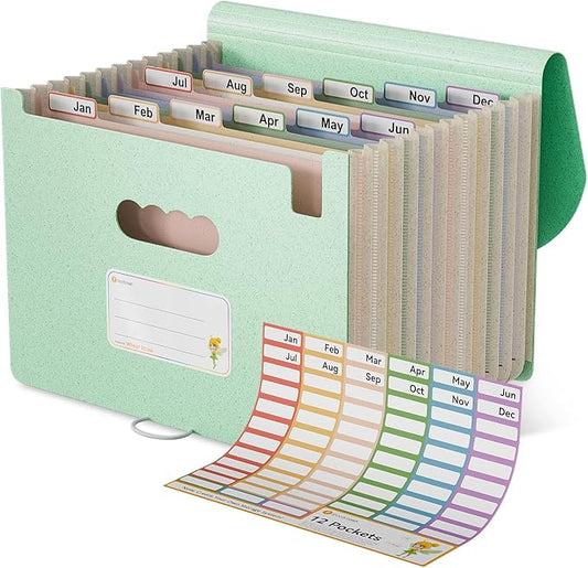 Accordion File Organizer, 12 Pockets Wheat Straw Expanding File Folder, Portable Monthly Paper Bill Tax Receipt Organizer, Letter A4 Size Document Holder，Green Office with Colorful Tab，Mint Green