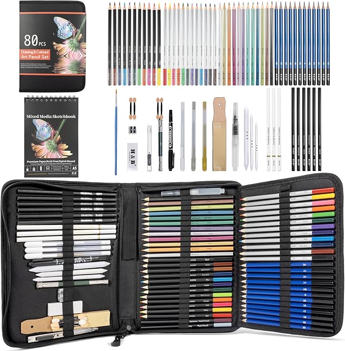 H & B 80-Pack Colored Sketching Art Pencil Set with 3-Color Sketchbook and Coloring Book - Includes Graphite, Watercolor, Metallic, and Oil-Based Colored Pencils