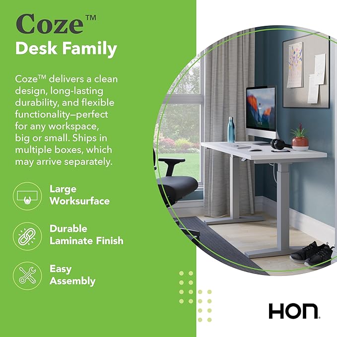 HON Coze Electric Standing Desk Adjustable Height, Coordinate Height Adjustable Desk, 48", Natural Recon Top, White Base