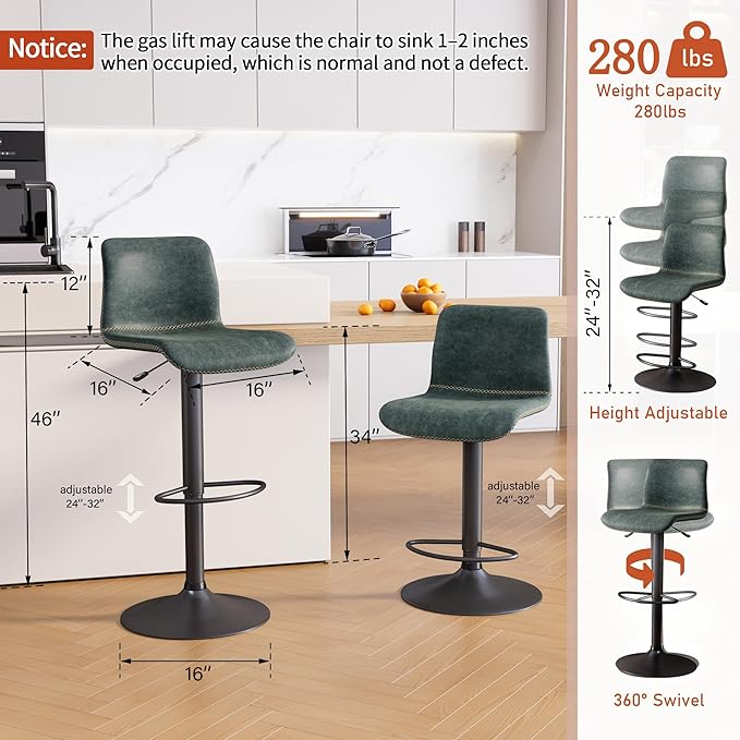 HeuGah Swivel Bar Stools Set of 2, Adjustable Counter Height Barstools with Back, Faux Leather Bar Chairs for Kitchen Island (Deep Teal, Set of 2 (24'' to 32''))