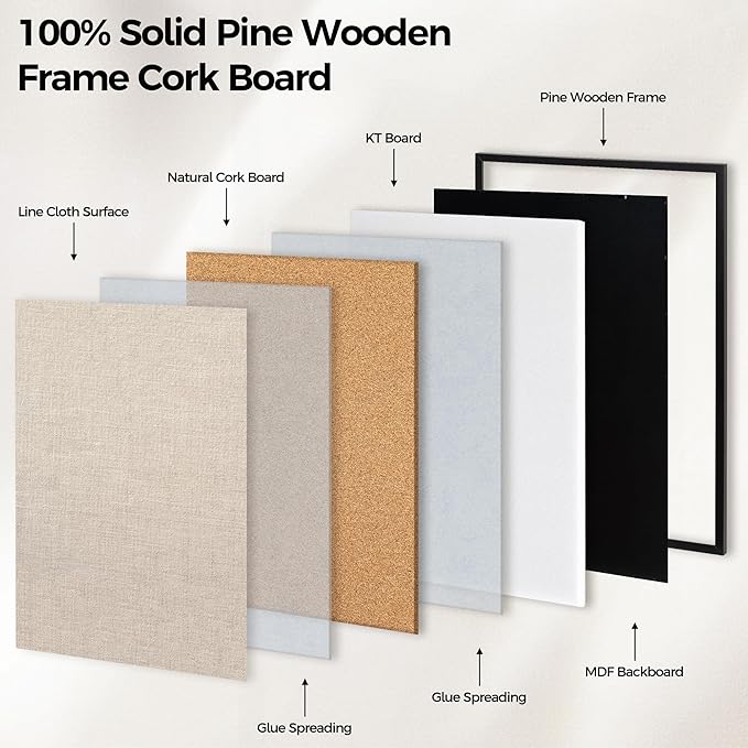 Fun Memories Cork Board Bulletin Board for Office, 24" x 36" Pine Wooden Framed Corkboard, Wall Mounted Notice Pin Board for School Home & Office, Black