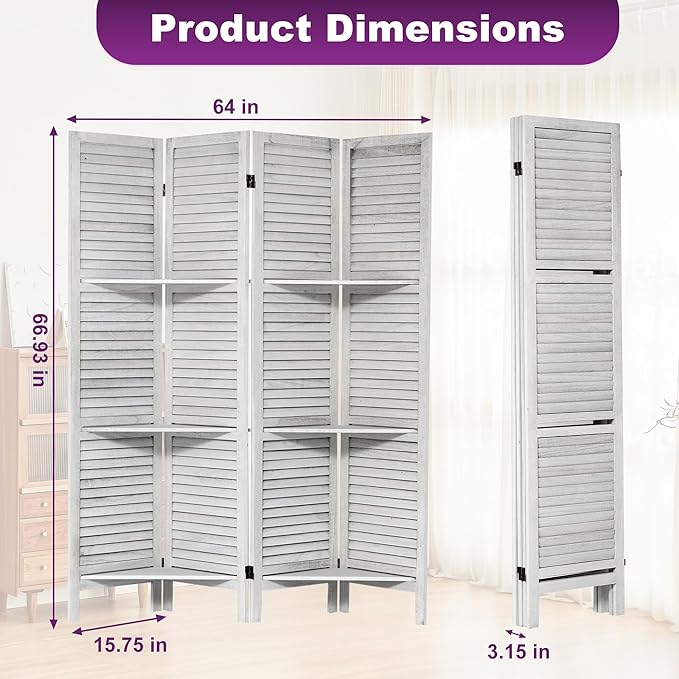 Room Divider with Shelves, 5.6FT Folding Room Divider Panel, 4 Panel Wood Partition Wall Divider for Room Separation, White