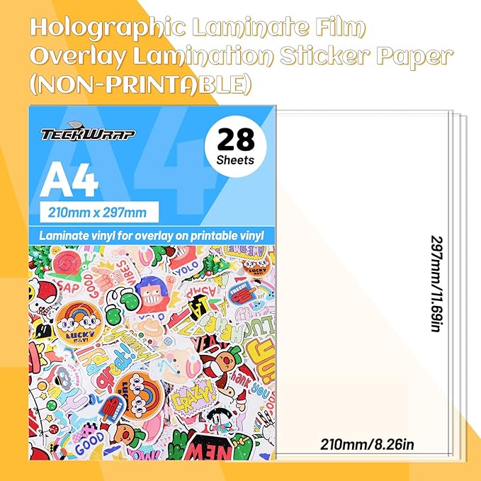 TECKWRAP Laminating Sheets Clear Laminate Sheets Sticker Paper for Inkjet Printer Clear Vinyl for Printable Vinyl Sticker Paper Photo Paper 8.26" x 11.69" A4 28 Sheets, Glossy