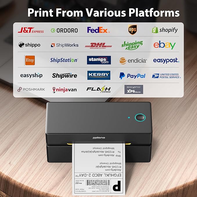 POLONO Bluetooth Thermal Shipping Label Printer, Wireless 4x6 Shipping Label Printer for Small Business, Support iOS, Android, Windows and Mac, Compatible with Amazon, Ebay, Shopify, Etsy, USPS(Brown)