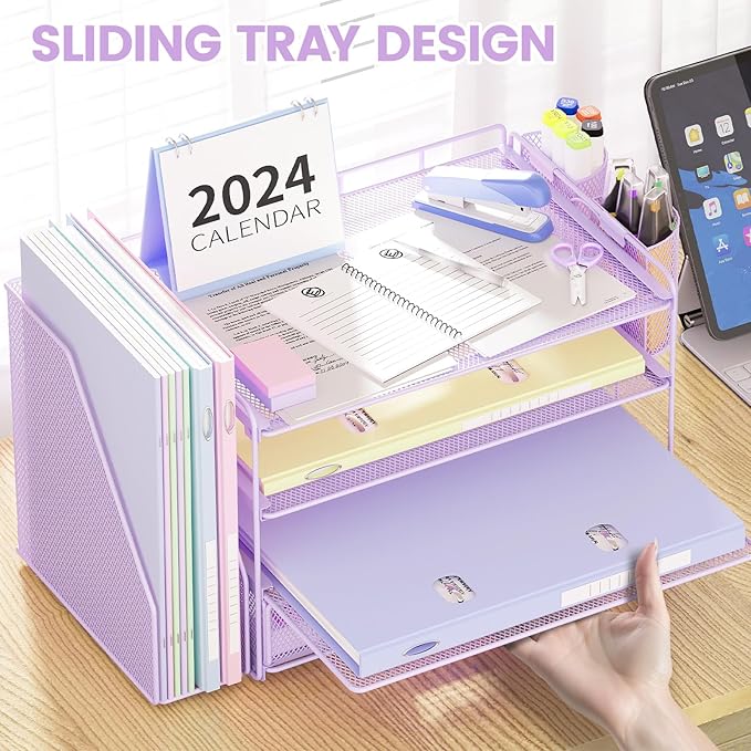 Desk Organizer and Accessories, 4-Tier Desktop File Organizer with Drawer and 2 Pen Holders, Office Desk Accessories for Office Supplies(Purple)