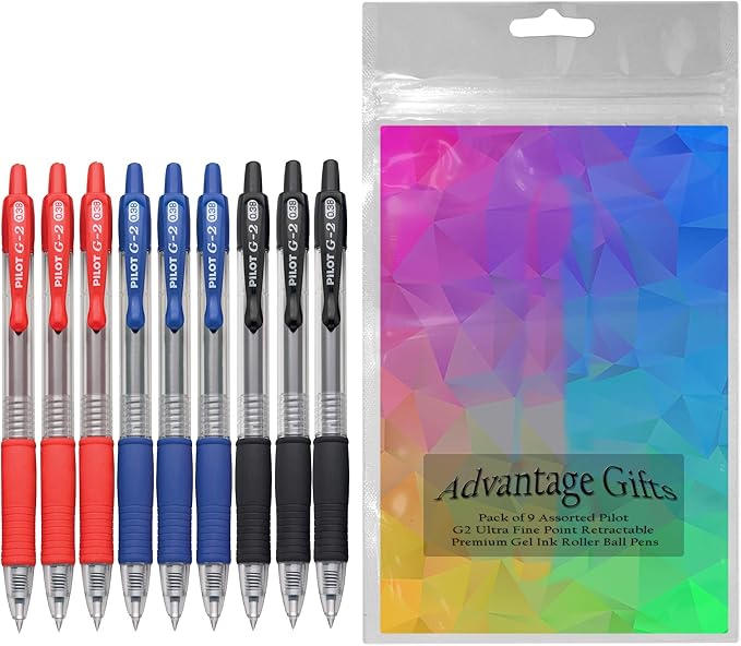 G2 Retractable Premium Gel Ink Roller Ball Pens Ultra Fine Point (.38mm) Black/Blue/Red Ink 9 pack; Refillable & Premium Comfort Grip Bundle with Plastic Reusable Pouch