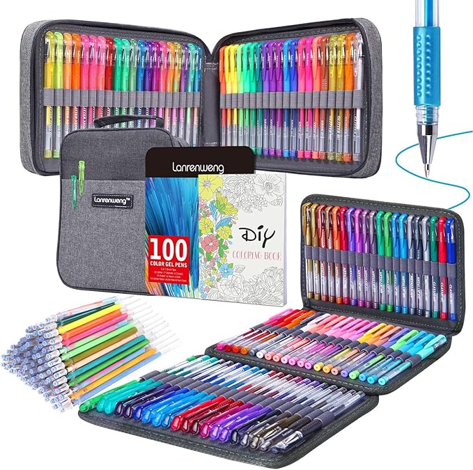 200 Pack Gel Pen Set 100 Colored Gel Pen with 100 Refills,Glitter Gel pens 40% More Ink with Canvas Bag for Kids Coloring Books Drawing Crafts Scrapbooks Journaling Planner
