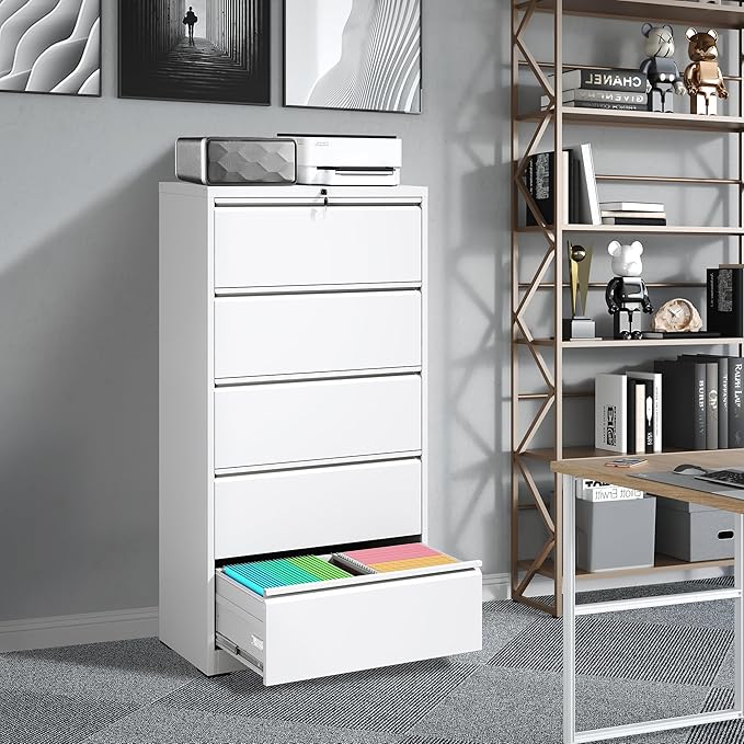 File Cabinets 5 Drawer,Metal Office Storage Filing Cabinet with Lock,White Lateral Filing Cabinet for Home Office,Horizontal Locking File Cabinets for Legal/Letter/A4,Assembly Require,White
