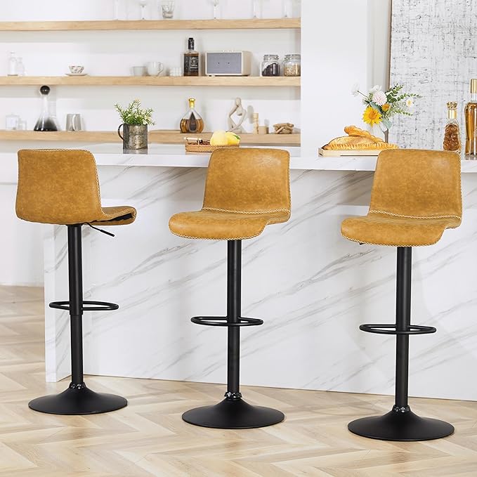 HeuGah Bar Stools Set of 4, Swivel Counter Height Barstools with Back, Adjustable Height 24" to 32", Whiskey Brown Faux Leather Bar Chairs for Kitchen Island (Whiskey Brown, Set of 4 (24'' to 32''))