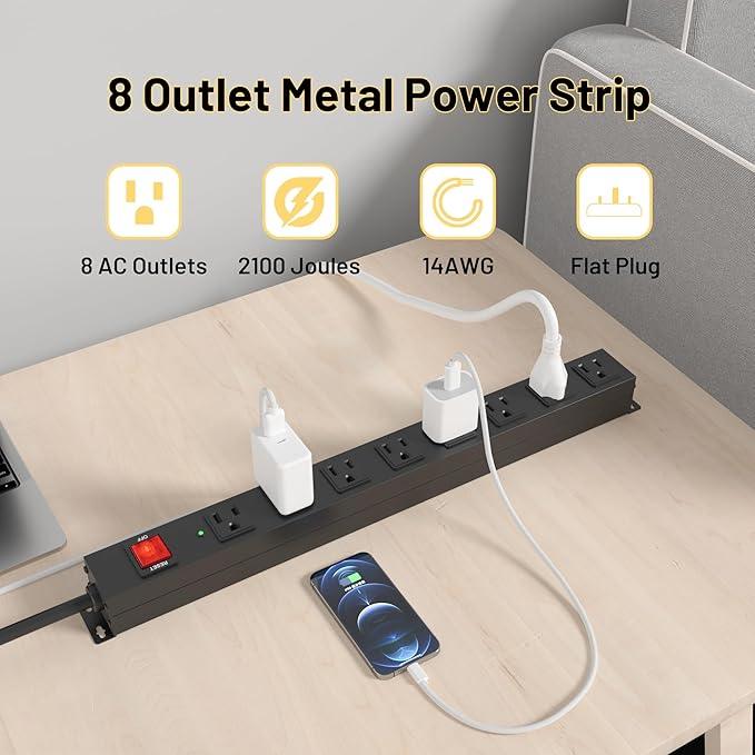 KF 8 Outlet Heavy Duty Power Strip Surge Protector, 2100J Surge Protection Power Strip, 15A/1875W Mountable Power Strips with Upgraded Switch, 14AWG 10FT Power Cord
