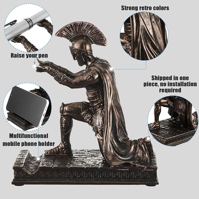 Spakon Knight Pen Holder with 2 Pens Resin Desk Organizers and Accessories Funny Executive Pen Stand Fancy Cool Office Gadgets Cool Desk Decorations for Men Home Supplies (Roman,Bronze)