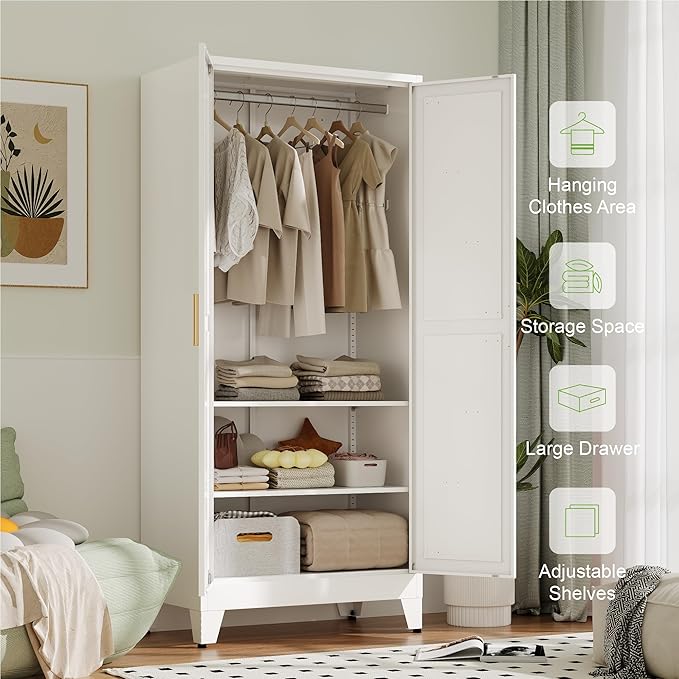 Metal Wardrobe Cabinet with Hanging Rod,Large 71" Armoire Wardrobe Closet with Adjustable Shelves,Farmhouse Metal Clothing Storage Cabinets for Bedroom,Office,Laundry Room(White)