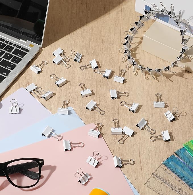Jetec 200 Pack 0.75in/19mm White Metal Binder Clips Bulk Medium Reusable Fold Back Binder Clips Paper Clamps Spring Steel Sturdy for Home School Office Supplies