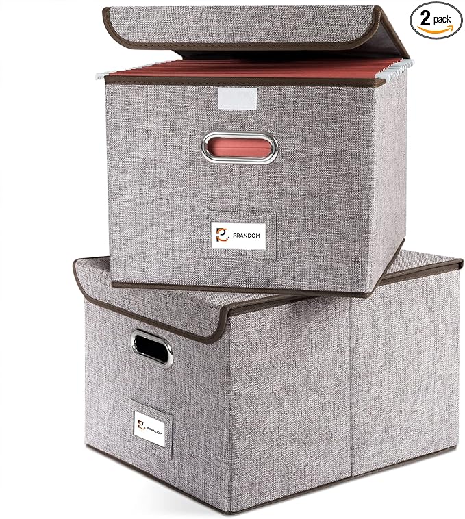 PRANDOM File Organizer Box - Set of 2 Collapsible Decorative Linen Filing Storage Hanging File Folders with Lids Office Cabinet Letter Size (15x12.2x10.75 inch)