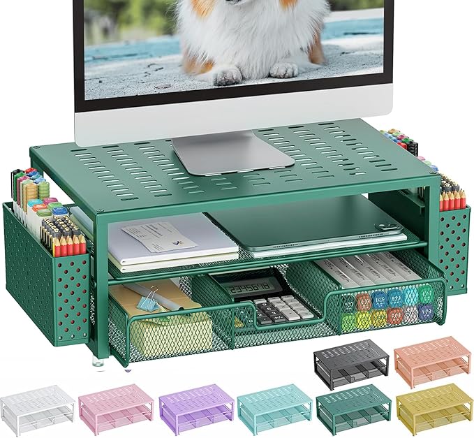 gianotter Desk Organizers and Accessories, Monitor Stand with Drawer and 2 Pen Holder, Desktop Organizer Suitable for Offices and Dormitories (Green)