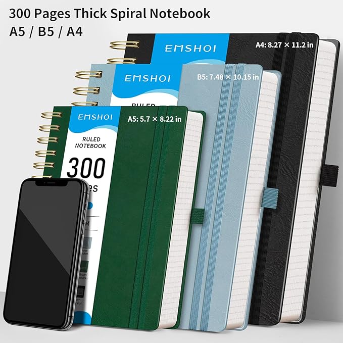 EMSHOI College Ruled Notebook, 300 Numbered Pages, B5 (7.48”x10.15”) PU Leather Hardcover, 100GSM Thick Paper – Perfect for Work, Writing, Journaling, Notes, Gray-Blue for Women & Men