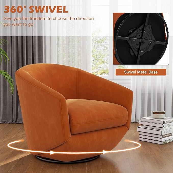 UIXE Velvet Swivel Accent Chairs Set of 2, Barrel Chair Upholstered Club Armchair for Living Room, Comfy Single Sofa Bedroom Side Reading Seat - Orange