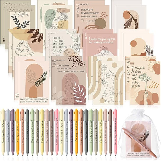 24 Set/48 Pcs Positive Affirmation Gift Set Gratitude Notebooks with Pens Small Bags Motivational Encouragement Notepads Daily Affirmations Journal for Women Stress Relief Self Care (Boho)