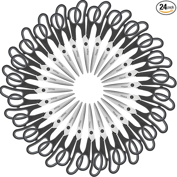 24 Black Scissors Bulk, Rkqoa 8" All Purpose Scissors Pack - Thick Sharp Shears for Office School Sewing Craft Supplies, Classroom Must have, Teacher/Class Scissor, Right/Left Handles