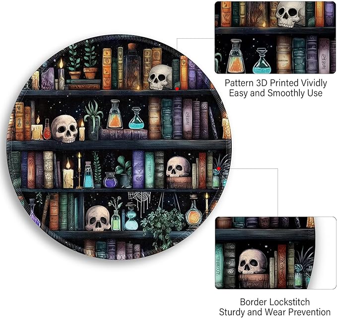 Bookshelf and Skull Mouse Pad, Skeleton Goth Gothic Small Round Mousepads for Desk, Mini Travel Mouse Mat for Wireless Computer Laptop, Work Office Desk Accessories, 8.6 x 8.6 inch