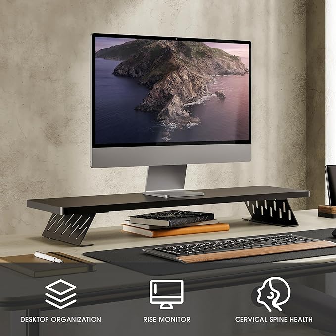 Fenge Monitor Stand Riser, Desk Top Shelf for 2 Monitors, Computer Stands for Desk, Wood & Steel Desktop Riser for Laptop, PC, Printer