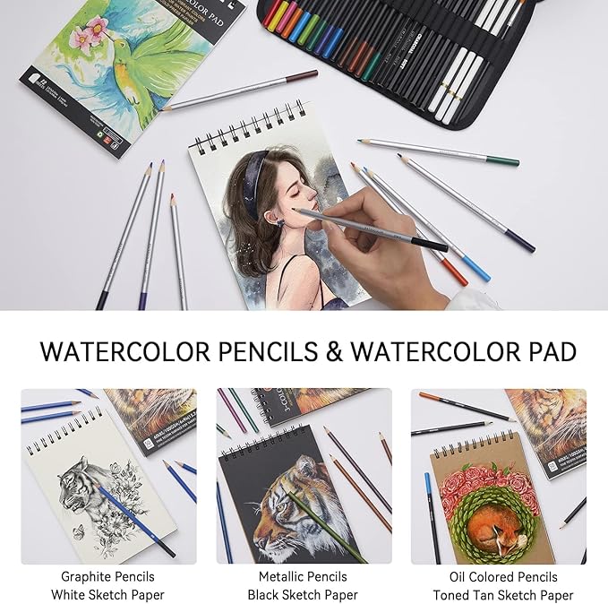PANDAFLY 80 Pack Drawing Set Sketching Kit, Pro Art Supplies with 3-Color Sketchbook, Watercolor Pad, Colored, Graphite, Charcoal, Metallic Pencil, for Artist Adults Kids Beginner