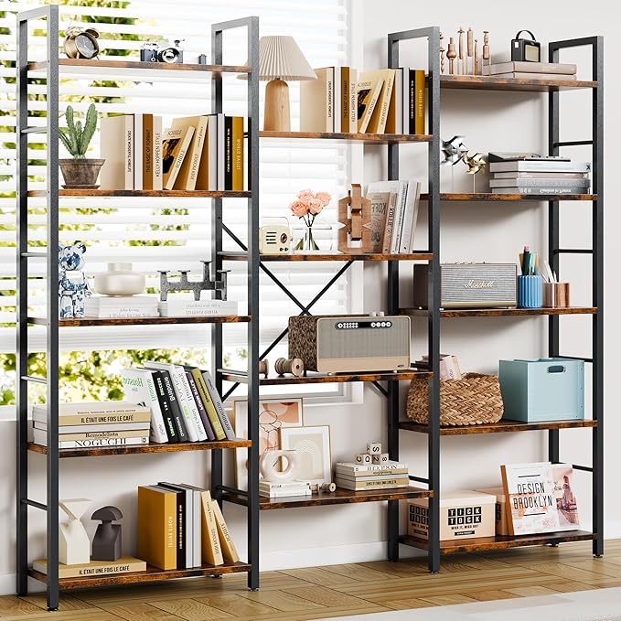Shintenchi Triple Column 5 Tier Bookshelf, Industrial Large Bookcase with 14 Open Display Shelves, Large Etagere Bookshelf,Wide Book Shelf Book Case for Home & Office, Rustic Brown