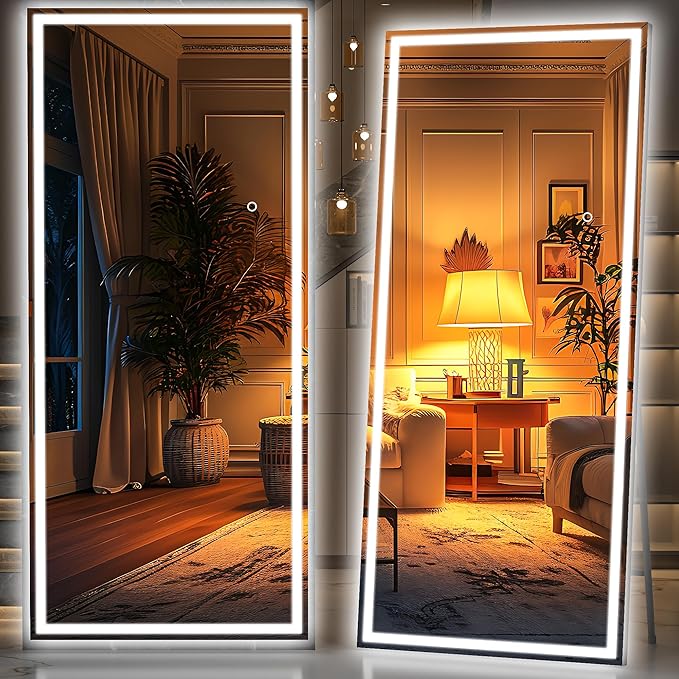 Hasipu Full Length LED Mirror with Lights, 83" x 36" Floor Standing or Hanging Mounted, Full Body Dressing Mirror, Dimmable Light, Tempered Glass, Square Black