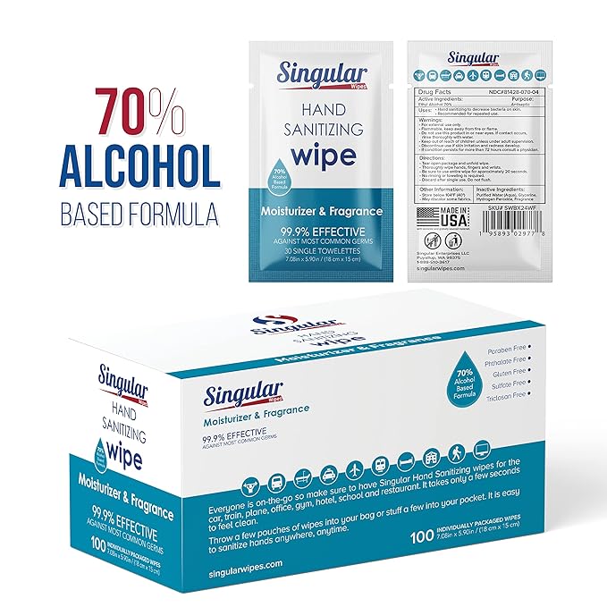 Hand Sanitizing Wipes Travel Size by Singular Wipes – 100ct Individually Wrapped | Fresh Citrus Scent, Moisturizing, 70% Alcohol Wipes | Travel, Office, School, Home | Made in USA