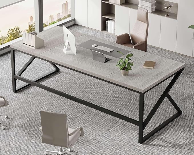 HSH 78 Inch Long Home Office Desk, Extra Large Grey Computer Desk for 2 Person, Industrial Wooden and Metal Executive Work Writing Study Gaming Desk Table, Modern Bedroom PC Laptop Desk Double Desk