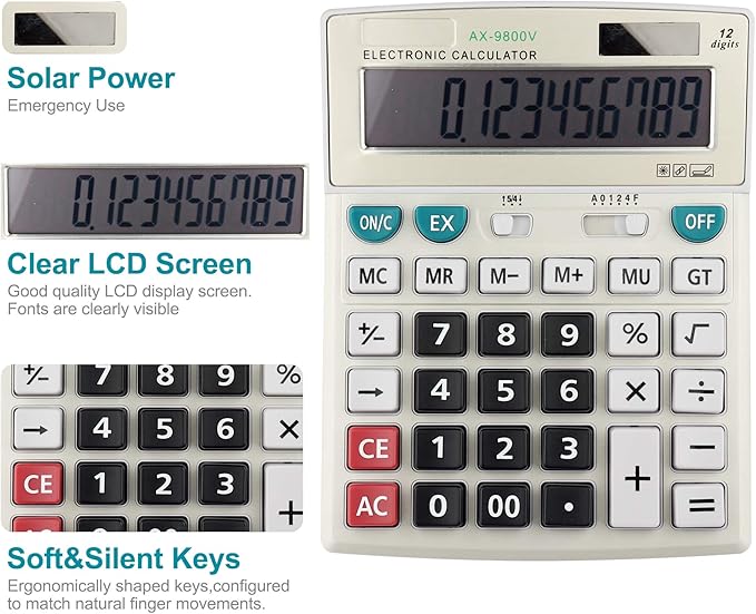 Large Computer Electronic Calculator Counter Solar & Battery Power 12 Digit Display Multi-Functional Big Button for Business Office School Calculating (HY-9800v)