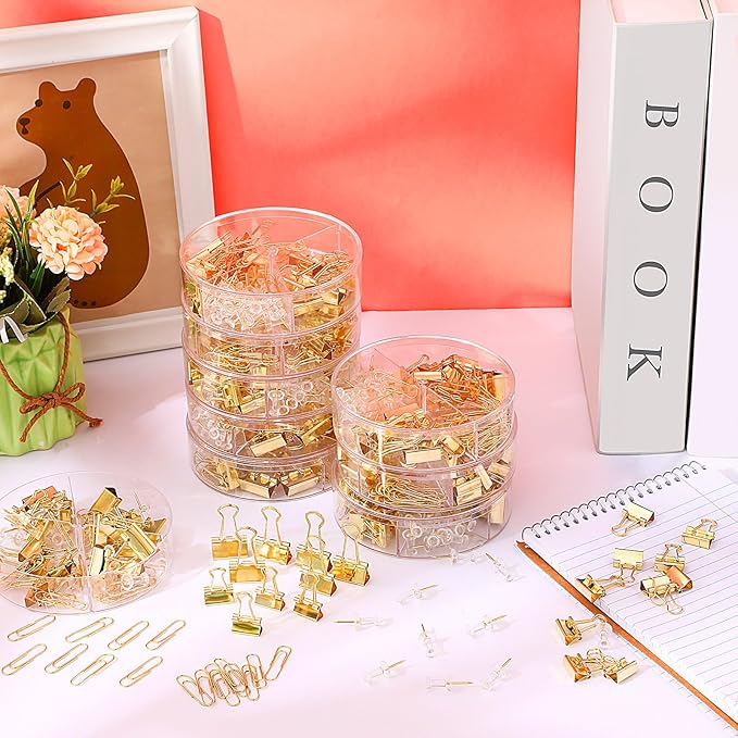 1560 Pcs Paper Clips and Binder Clips Assorted Sizes, Large Medium Small Binder Clip Paperclips Thumb Tacks, College Supplies Home Office Supplies Document Organizing(Gold)