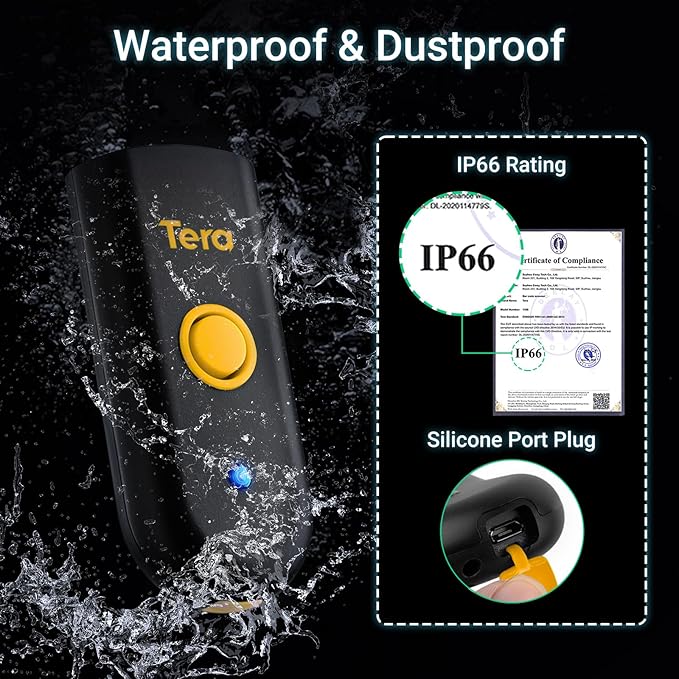 Tera Mini 1D Barcode Scanner: Pocket Waterproof Wireless Laser Scanner 3 in 1 Compatible with Bluetooth USB Wired Portable Bar Code Reader for Logistics Work with iOS Windows Android 1100L Yellow