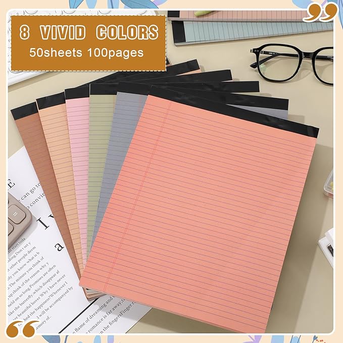 Fuutreo 8 Pcs 8.5'' x 11'' Colored Legal Pad Writing Pads Narrow Ruled 50 Sheets Per Notepad Perforated Writing Notepad Office Supplies for College Office Business (Advanced Grey)