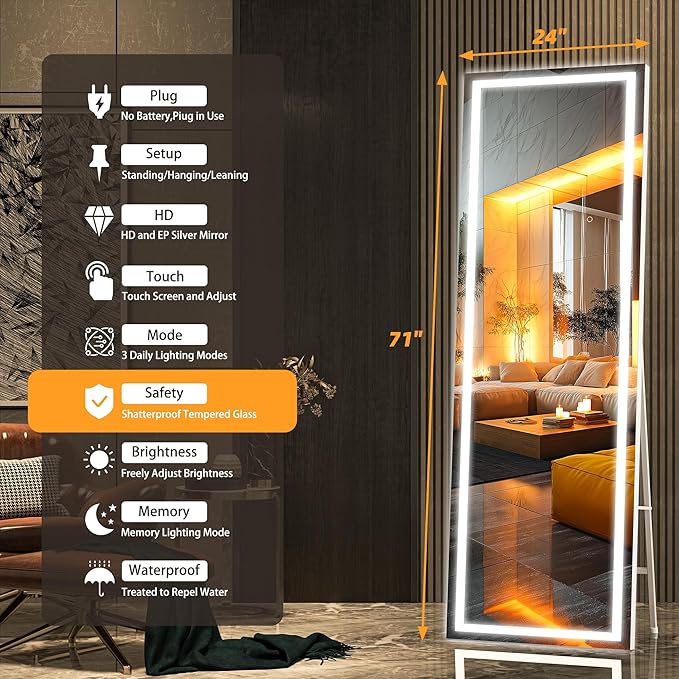 Hasipu Full Length Mirror with Lights, 71" x 24" LED Lighted Floor Standing, Full Body Dressing Hanging Mounted Mirror, Dimmable, Tempered Glass, Safe to Use, Square White