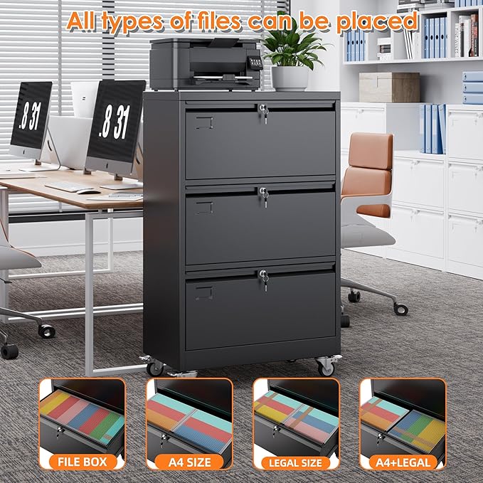 Aobabo 3 Drawer Lateral File Cabinet with Wheels,Metal Filing Cabinet with 3 Lock, for Home Office School Hanging Files Letter/Legal/F4/A4 Size, Assembly Required, Black