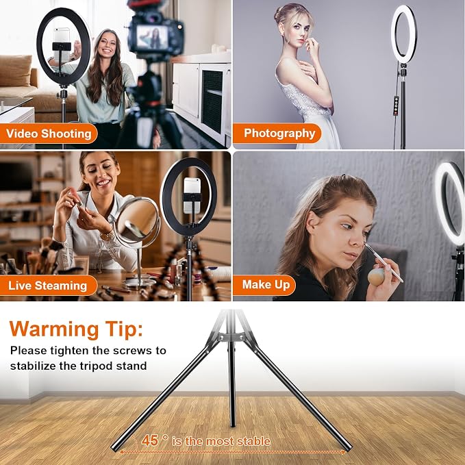 10" Selfie Ring Light with 73" Tripod Stand & 1 Phone Holder, LED Camera - Image 7