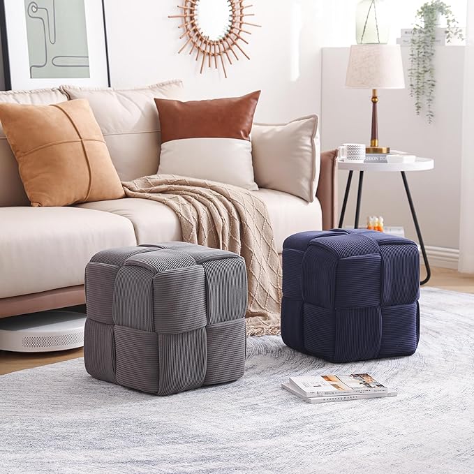 Ottoman Foot Rest Soft and Comfortable Ottoman Square Corduroy Woven Design Sofa Stool (Blue)