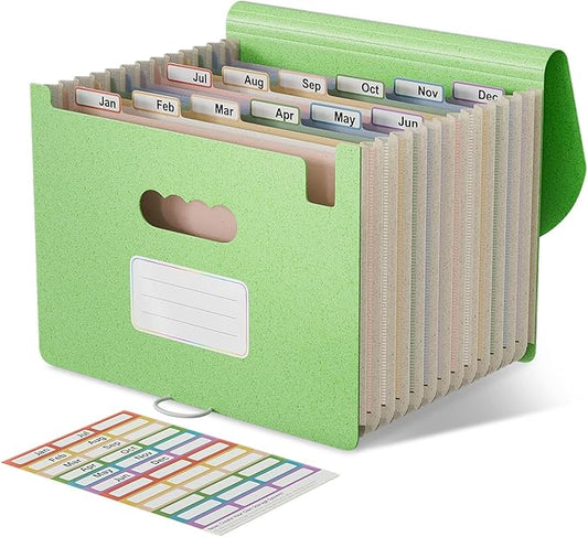 Accordion File Organizer, 13 Pockets Wheat Straw Expanding File Folder, Portable Monthly Paper Bill Tax Receipt Organizer, Letter A4 Size Document Holder with Colorful Tab - Grass Green