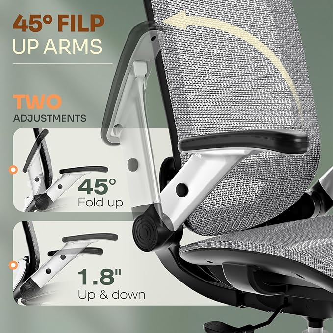 GABRYLLY Ergonomic Office Chair, High Back Home Desk Chair with Headrest, Flip-Up Arms, 90-120° Tilt Lock and Wide Cushion, Big and Tall Mesh Chairs for Man Woman, Grey Task Chair
