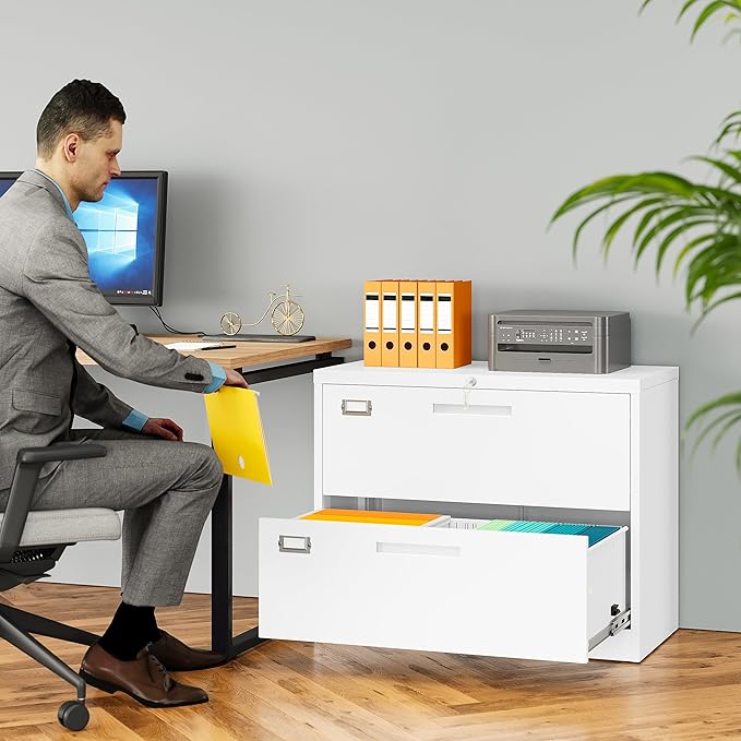 2 Drawer Lateral File Cabinet with Lock,White Lateral Filing Cabinet,Horizontal Metal Filing Cabinets,Locked Wide File Cabinets for Office Home,Fit A4/F4/Letter/Legal File,-Assembly Required