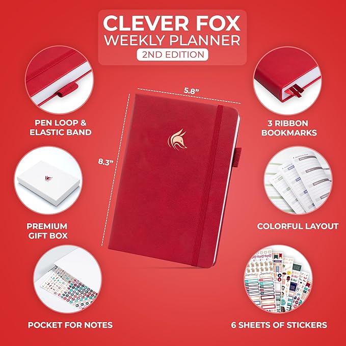 Clever Fox Planner 2nd Edition – Colorful Weekly & Monthly Goal Planner, Time Management & Productivity Organizer, Undated, A5 (Red)