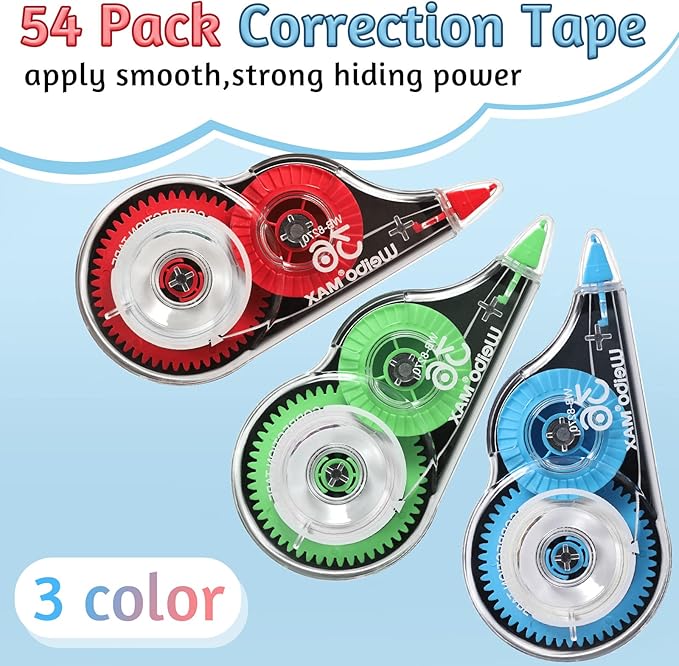 54 Pack Correction Tape Bulk White Correctional Fluid Tape Easy to Use Applicator Corrector Correct Wrong Writing Eraser for Office Education Supplies, 20 Feet