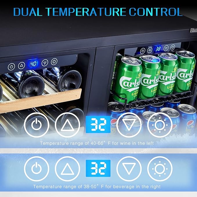 Kalamera Wine and Beverage Refrigerator, 30 inch Wine Fridge Dual Zone Hold 33 Bottles and 96 Cans, Digital Touch Control, Built-In or Freestanding