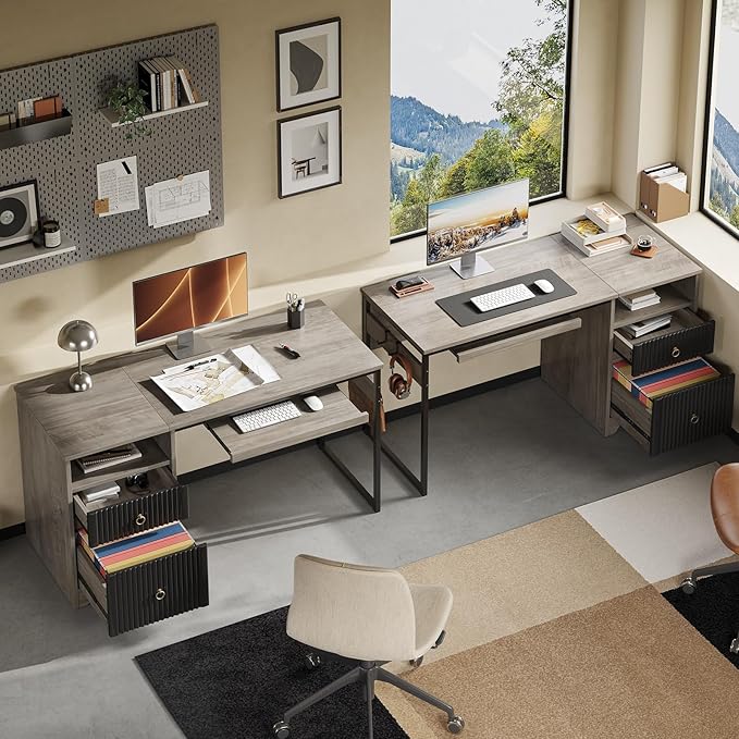 Bestier 55 Inch Computer Desk with Keyboard Tray, Modern Office Desk with Storage, Wood Writing Desk with File Drawer, Fluted Panel & 2 Hooks for Home Office & Studio, Grey